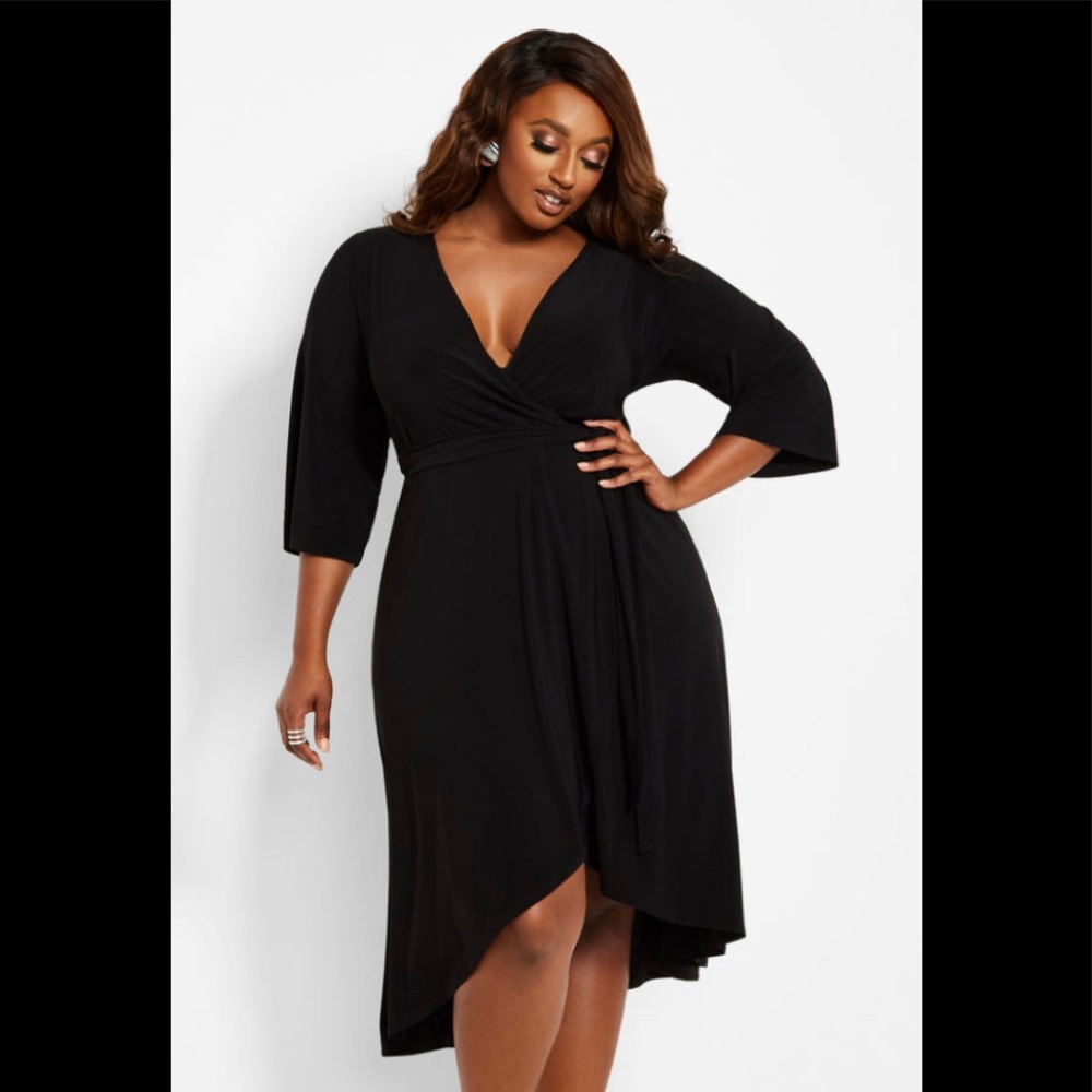 plus size hi low solid self tie wrap dress black
